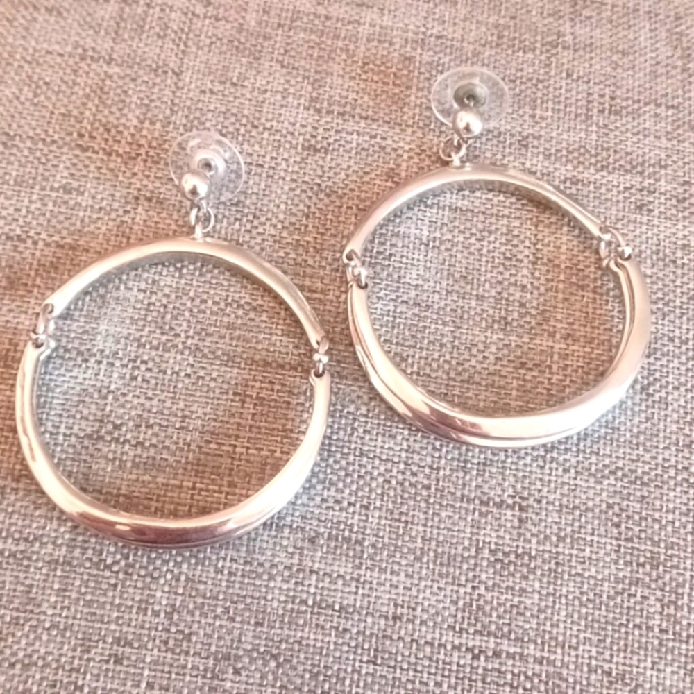 Modern Silvertone Hoop Earrings on Studs - Pre-loved (1.75")